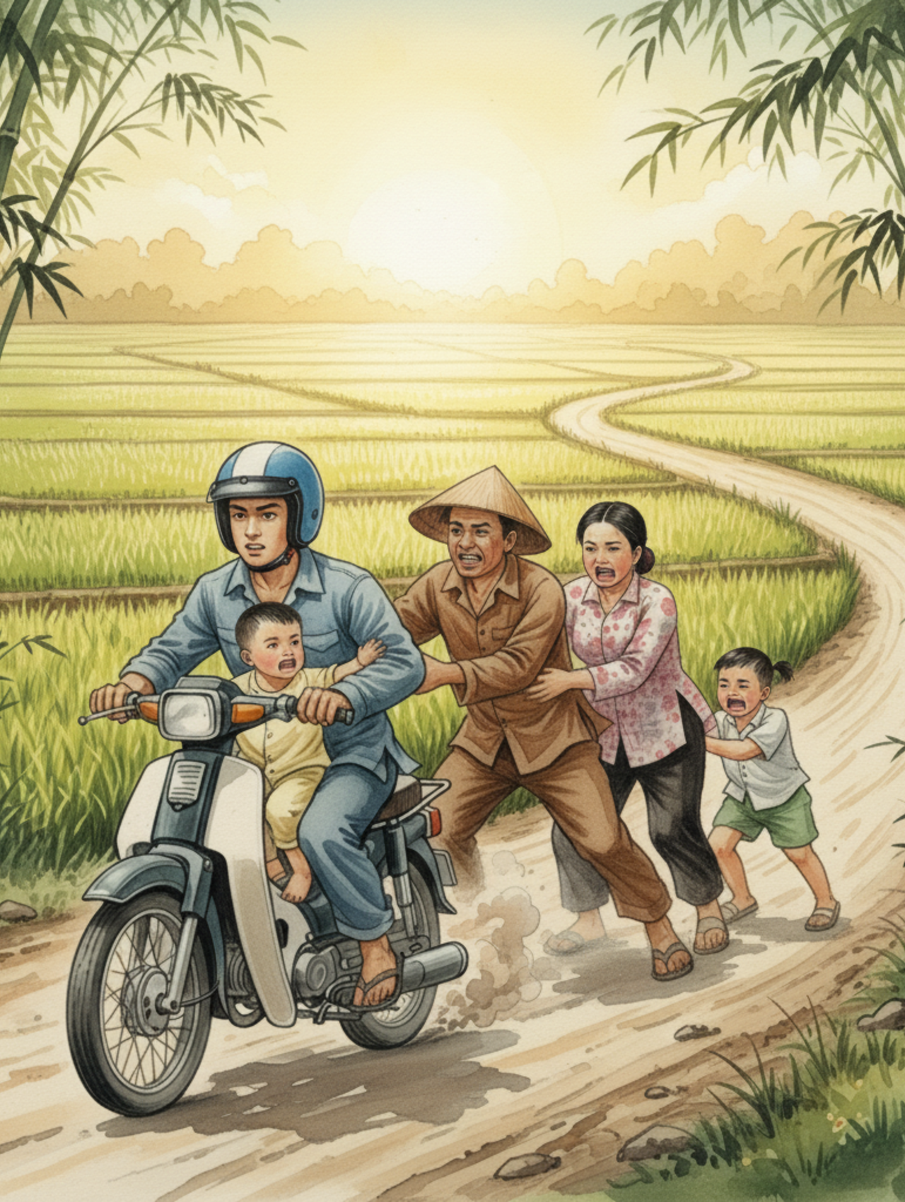 Mặt trời tròn trịa soi xuống gốc mạ non 